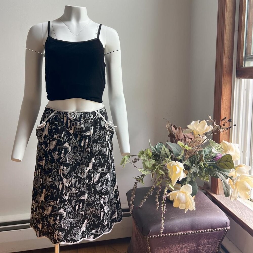 Vintage Mid Length Skirt in Black and White with artistic sketch pattern.